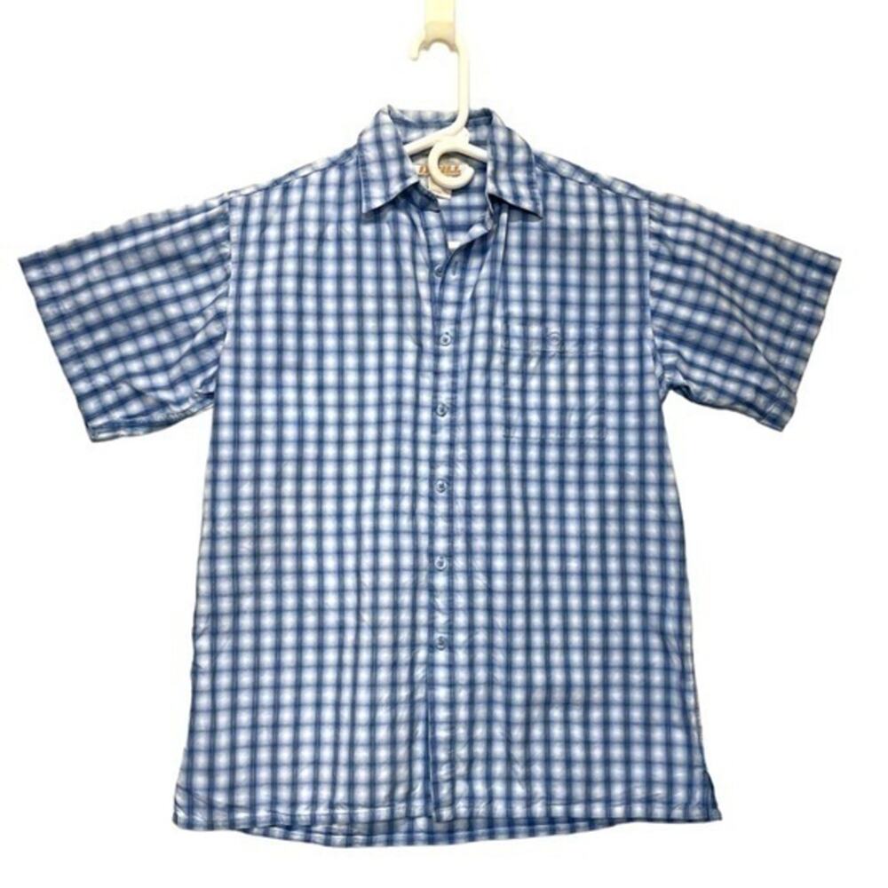 Checked Plaid Short Sleeve Button Down Shirt blue white checks boys Size XL 18